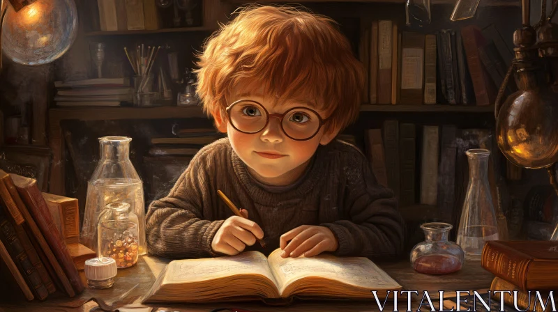 AI ART Vintage Portrait of a Boy Studying