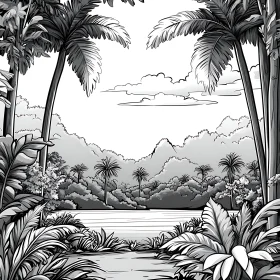 Tropical Forest Illustration in Shades of Gray