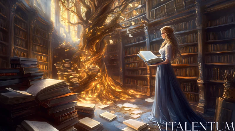 AI ART Enchanting Library with Glowing Tree