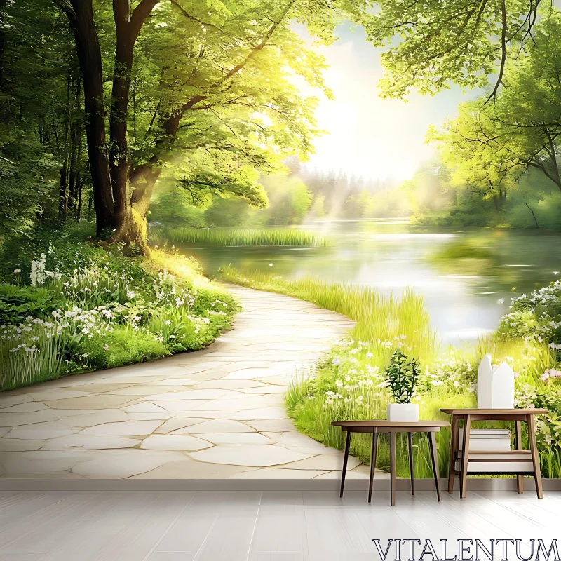 Peaceful Nature Landscape with Sunlit Path and River AI Image