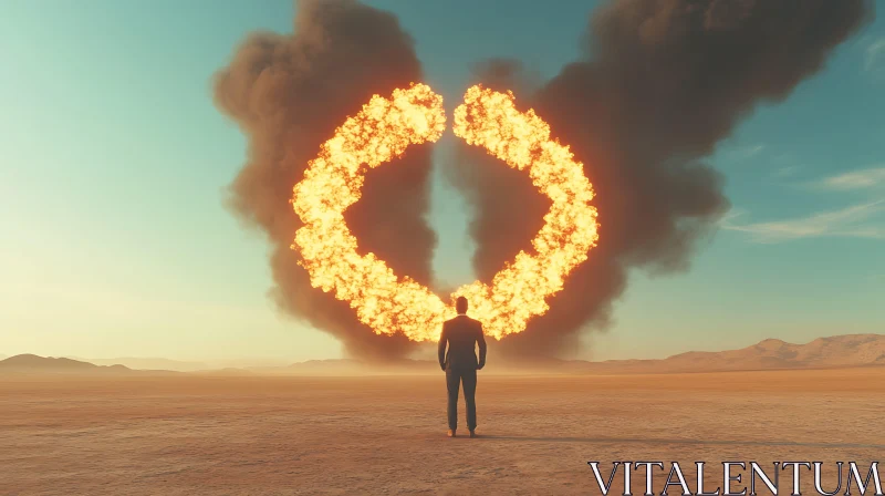 Man Confronting Firestorm in Arid Wasteland AI Image
