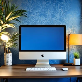 Sleek Desk Setup with Blue Screen Desktop