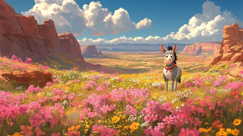 Charming Donkey in a Flower Field