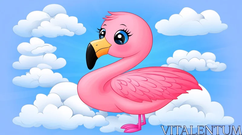 Cartoon Flamingo with Clouds Illustration AI Image