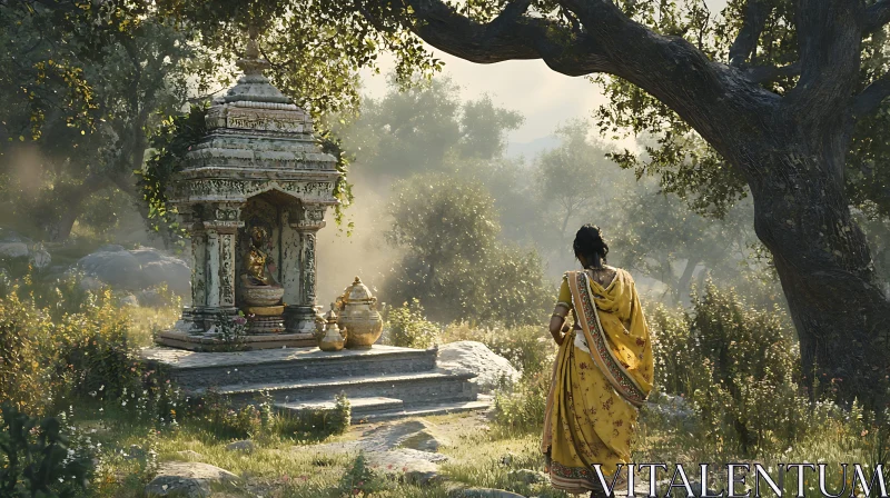 Indian Woman Near Ancient Temple AI Image