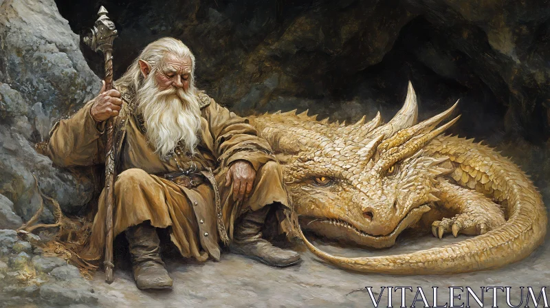 AI ART Golden Dragon and Wizard Companion