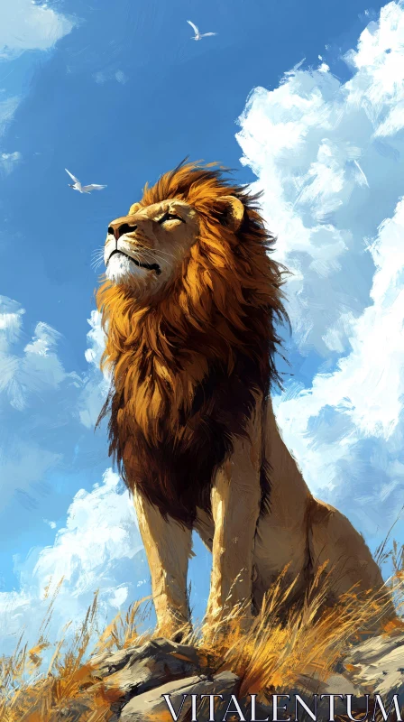 Lone Lion Under Blue Skies AI Image