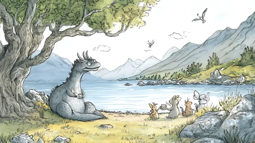 Whimsical Dragon and Friends by the Lake