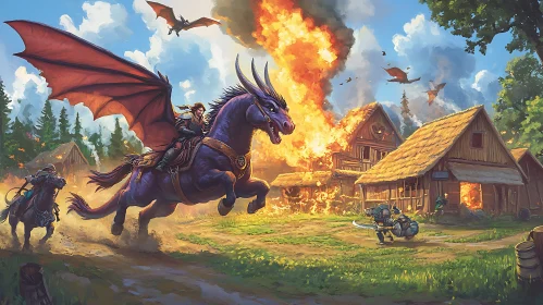 Fantasy Scene: Dragon Rider and Burning Village