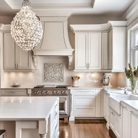 Elegant Kitchen Design with White Cabinets and Chandelier