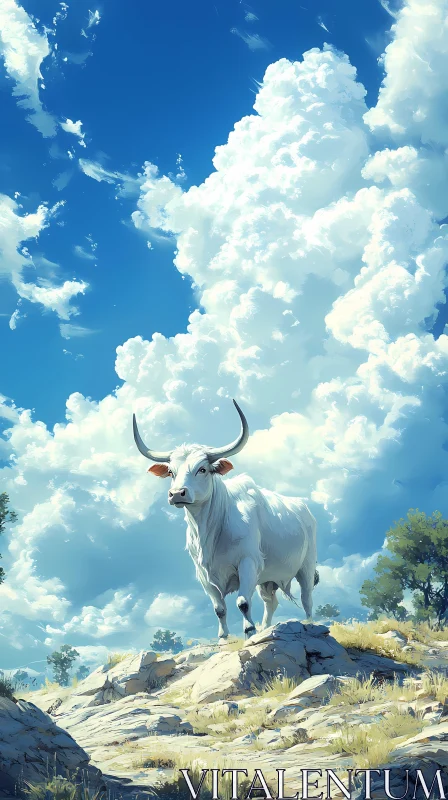 Bull Standing Under Fluffy Clouds AI Image