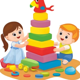 Cartoon Kids Building Tower of Toys