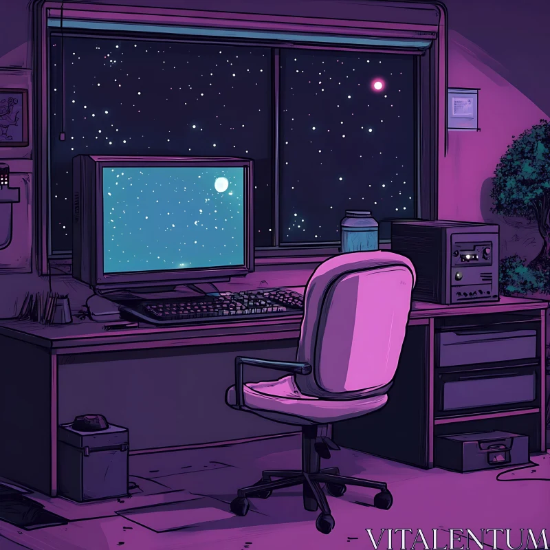 Peaceful Office Space Under Starry Sky AI Image