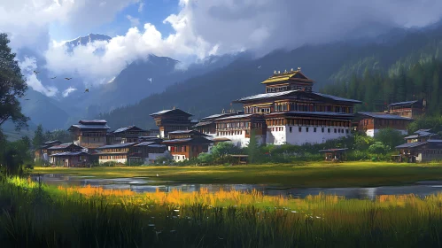 Tranquil Bhutanese Buildings and Mountains