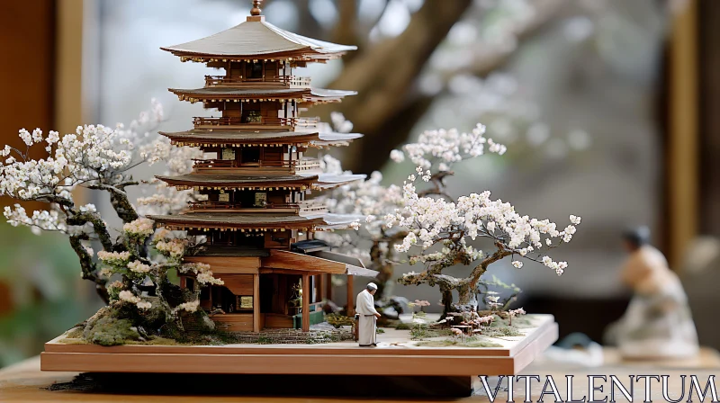 AI ART Miniature Japanese Pagoda among Blossoms