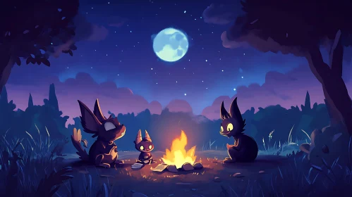 Night Gathering Cartoon Illustration