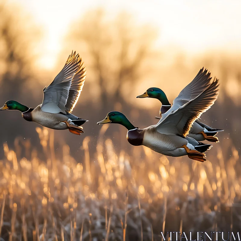 Mallards Flying at Sunset AI Image