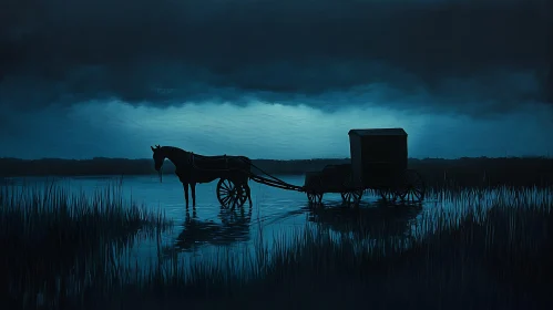 Horse-Drawn Carriage Silhouette in Water
