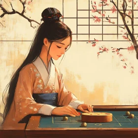 Asian Woman in Kimono Playing Game