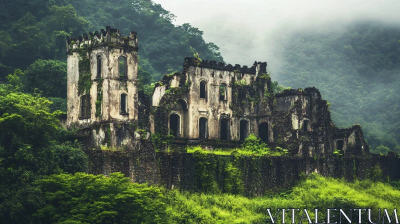 Overgrown Castle Ruins in Verdant Landscape AI Image