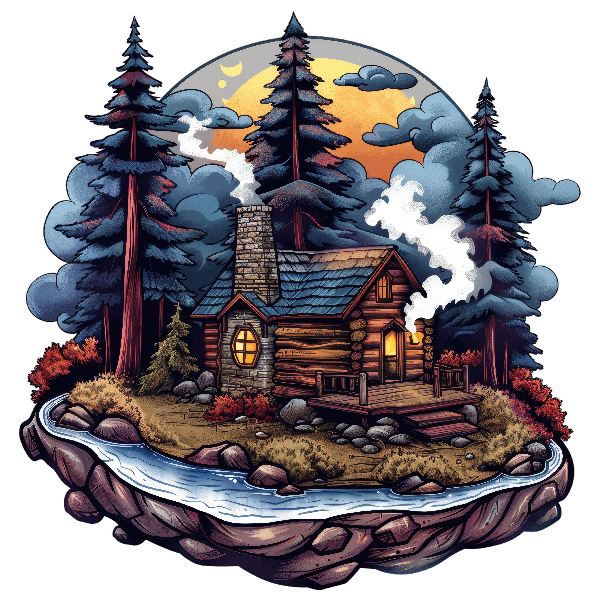 Serene Log Cabin in Enchanted Forest - T-shirt Design POD Design