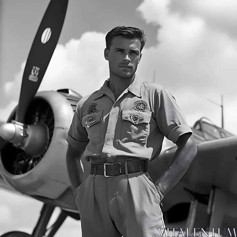 AI ART Monochrome Pilot Portrait Near Aircraft