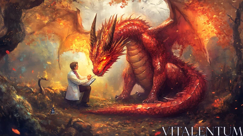 AI ART Red Dragon and Doctor in Forest