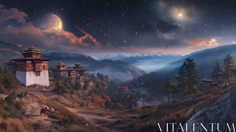 AI ART Moonlit Village in the Mountains