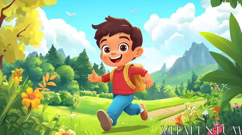 Cartoon Boy's Cheerful Run Through Green Fields AI Image