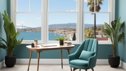 Bright Office with Teal Accents and Harbor Views