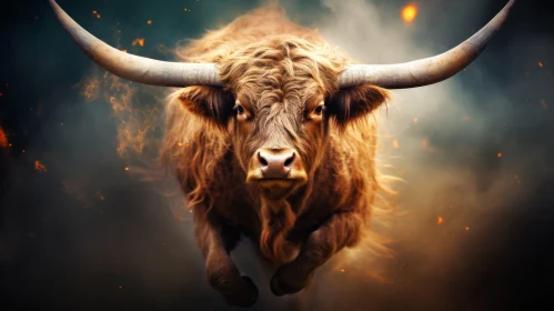 Bull Amidst Flames - Fantasy-inspired Art with Scottish Landscape