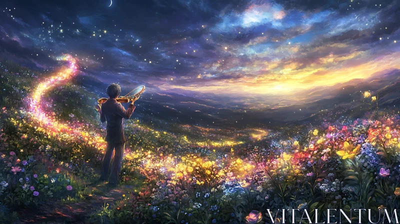 AI ART Glowing Flowers and Violin Music