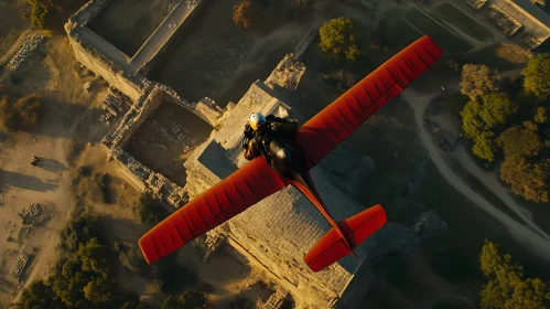 Aerial Red Plane Flight Above Ruins