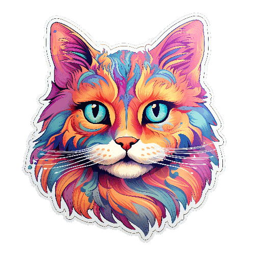 POD Design Colorful Cartoon Cat Face with Rainbow Fur and Blue Eyes