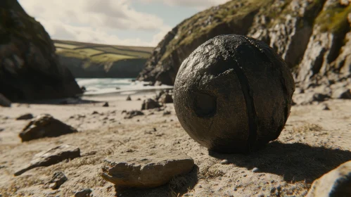 Dark Metallic Sphere on Rocky Beach - A Mysterious Image
