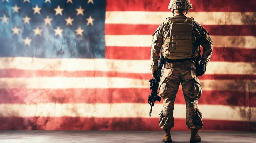 American Soldier Standing Before Flag