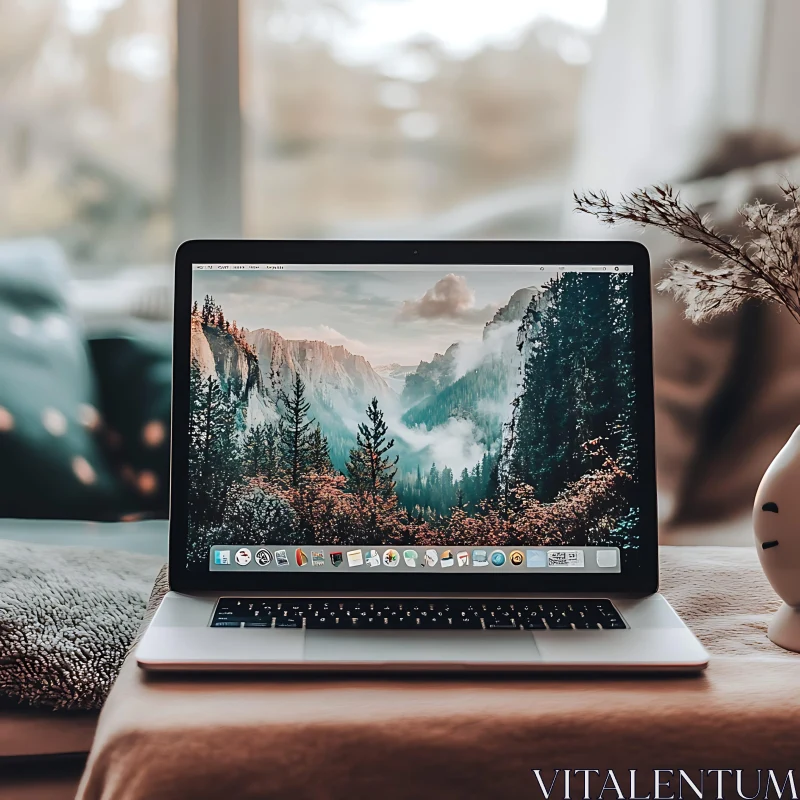 Nature Wallpaper on Laptop in Comfortable Setting AI Image