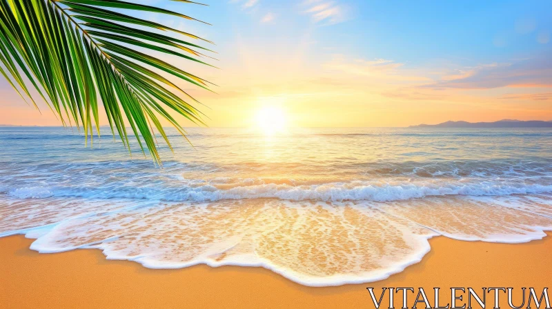 Serene Sunset Scene on a Tropical Beach with Palm Trees and Waves AI Image