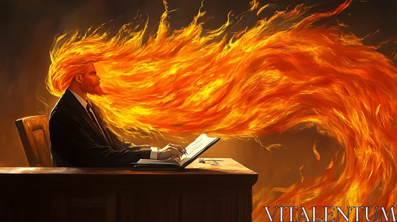 Fiery-Haired Man Immersed in Reading at Desk AI Image