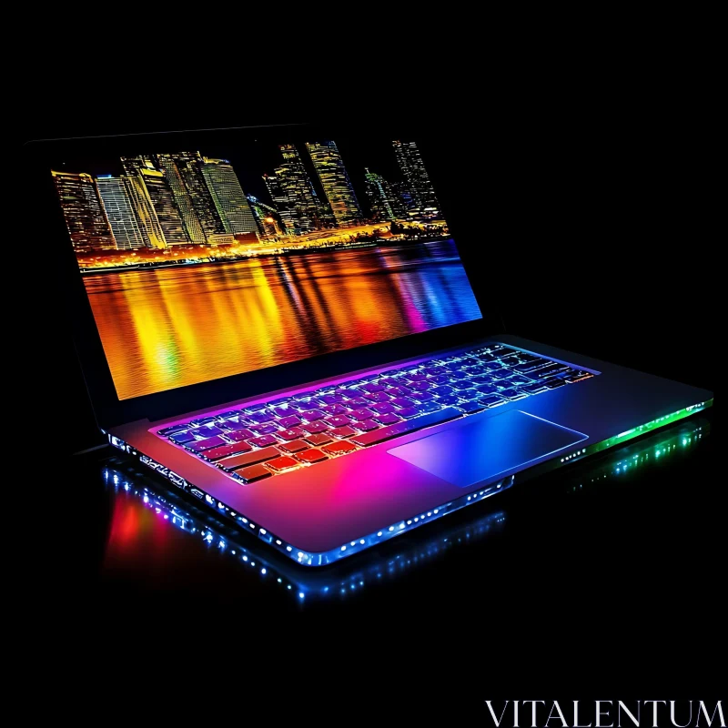 Futuristic Laptop with City Lights Reflections AI Image