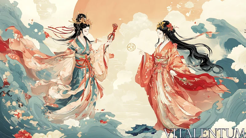 AI ART Serene Asian Art with Women and Waves