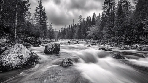 Black and White River Scene with Trees and Boulders