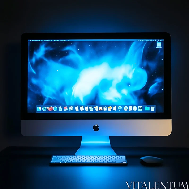 Sleek iMac Setup with Blue Light and Nebula Wallpaper AI Image