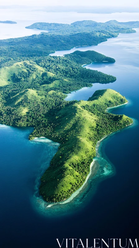 Aerial Island with Verdant Foliage and Blue Sea AI Image