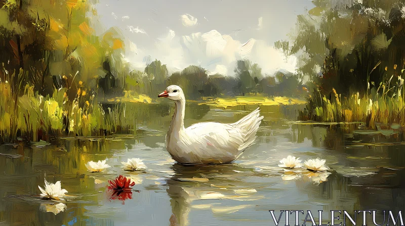 Swan and Lilies on a Serene River AI Image