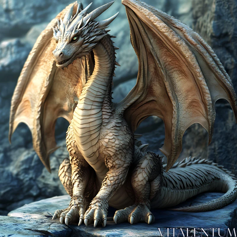 Fantasy Dragon Perched on Rocks AI Image