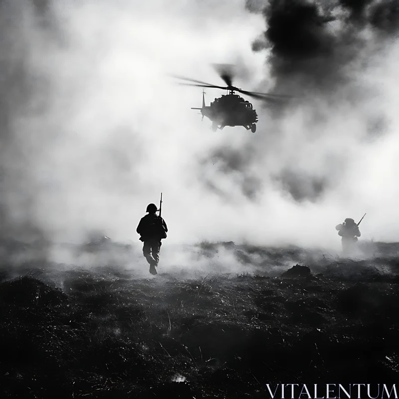 Foggy Battlefield: Soldiers and Helicopter AI Image