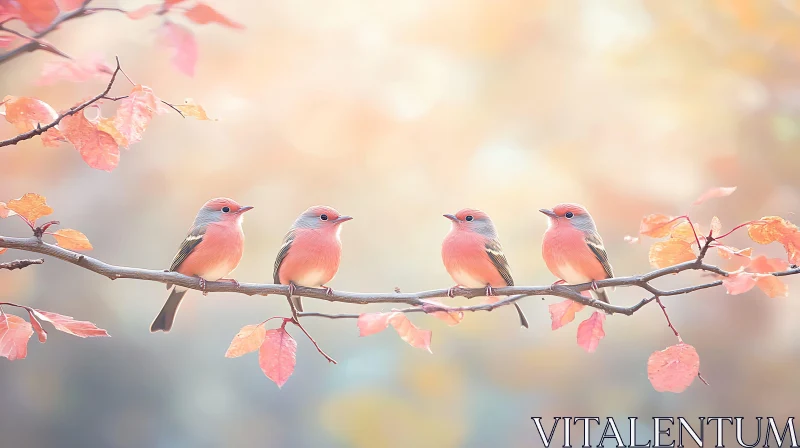 Four Pink Birds on a Branch AI Image