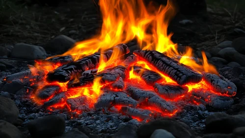 Burning Campfire with Charred Logs and Glowing Embers