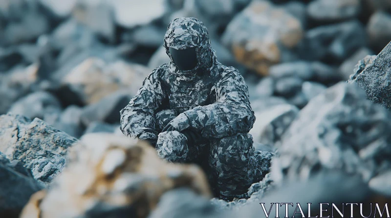 Mysterious Camouflaged Figure in Stone Landscape AI Image